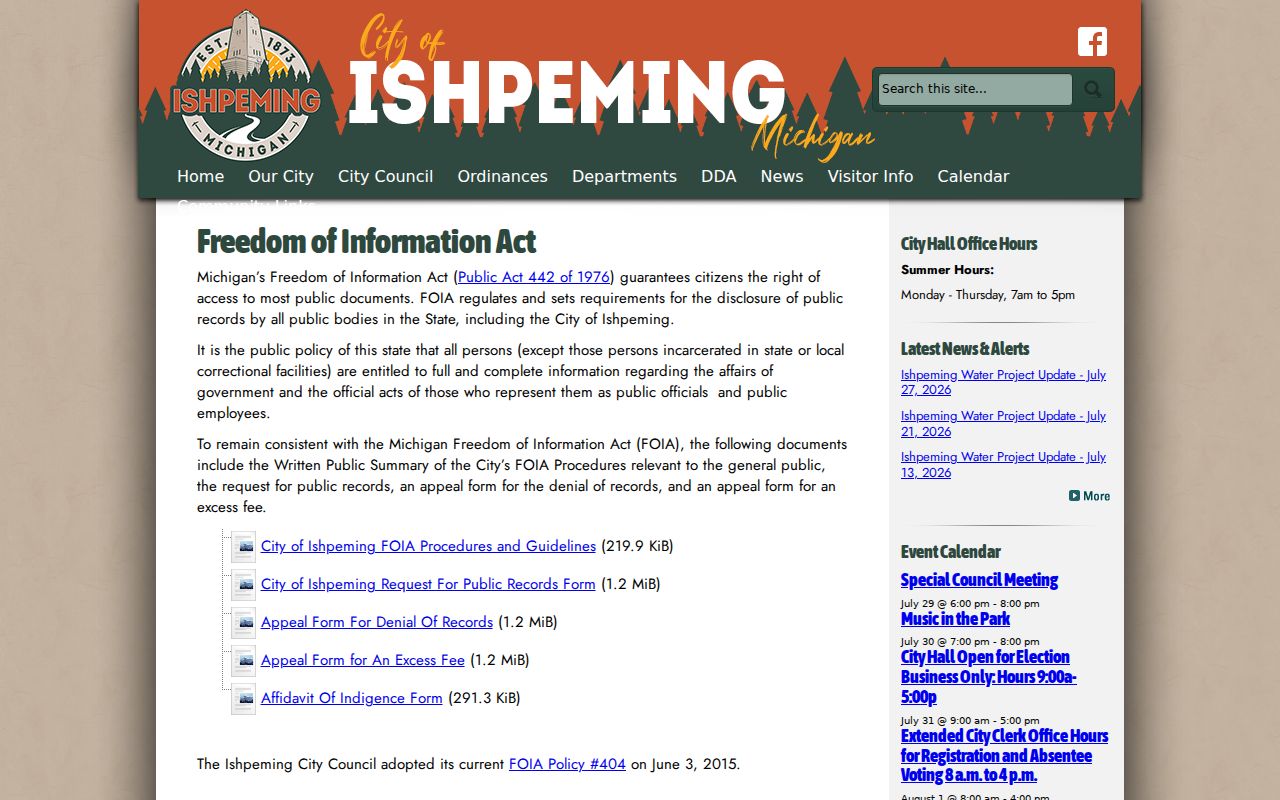 Ishpeming criminal history FOIA records resources