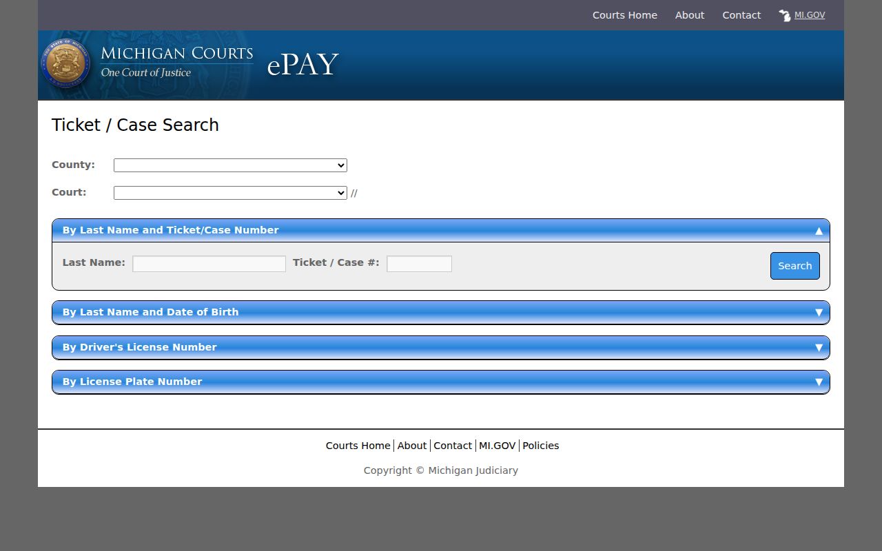Marquette criminal history payment search fields in Michigan ePAY