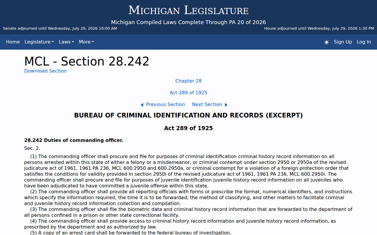 Michigan arrest fingerprint reporting statute used for Marquette County arrests