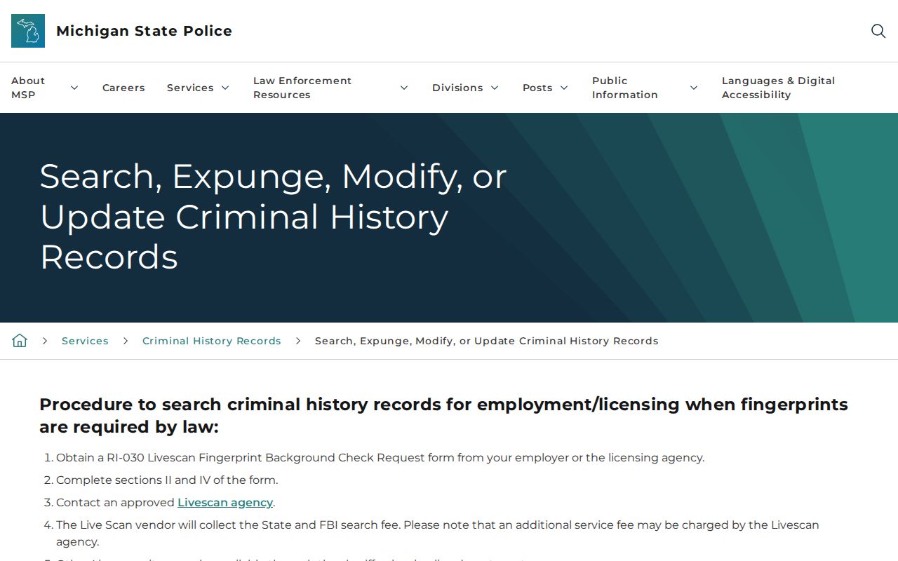 Michigan criminal history review and correction information for arrest records