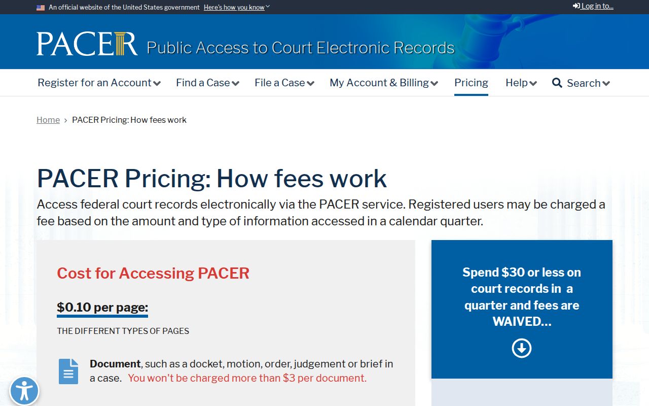 PACER pricing and access information for federal court records