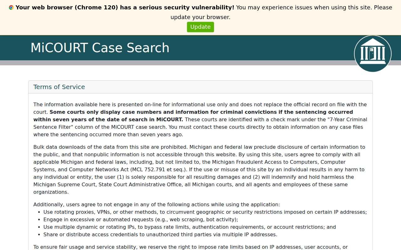 MiCOURT Case Search interface for Marquette County criminal court cases