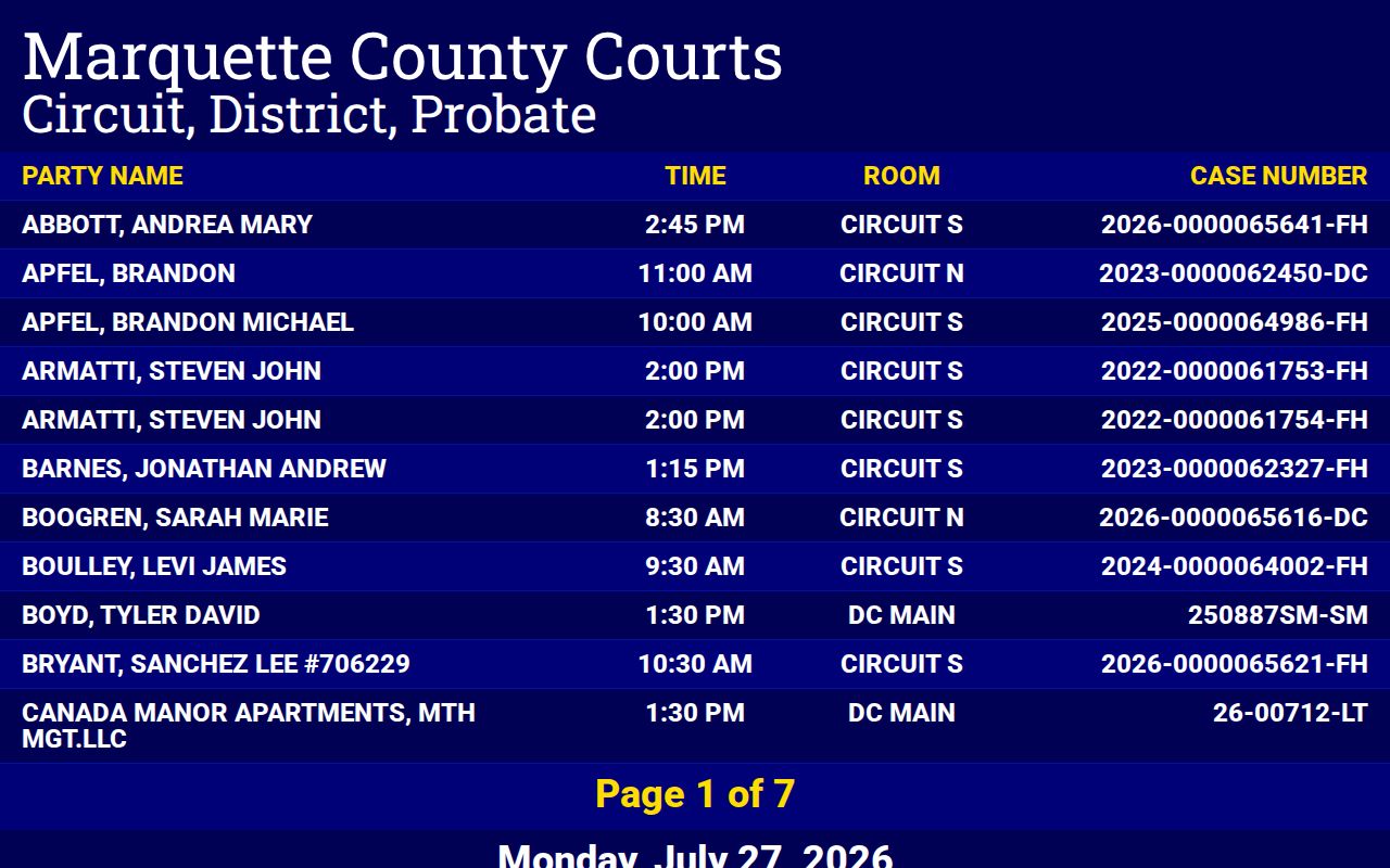 Marquette County combined criminal court calendar display