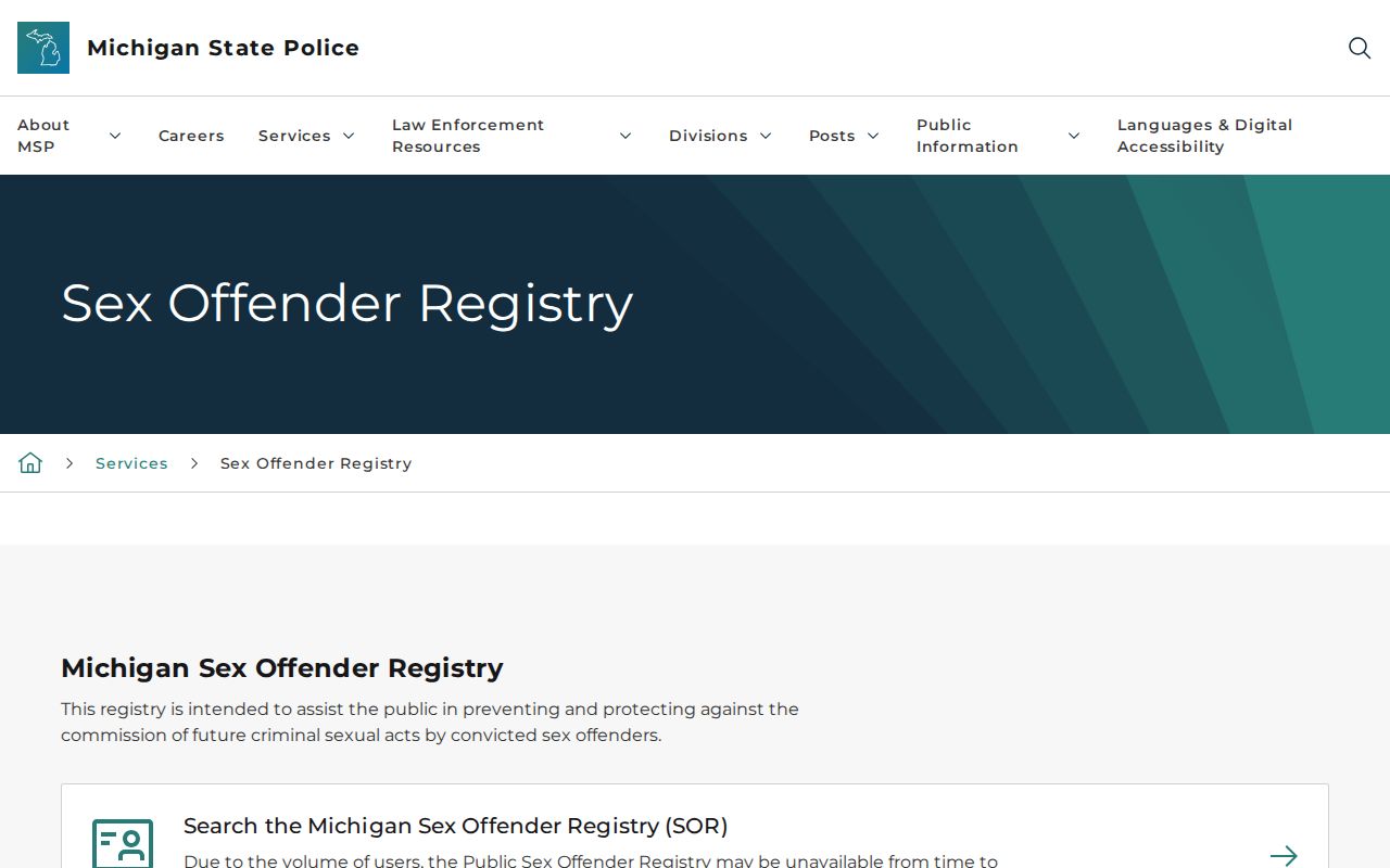 Marquette County sex offender registry gateway from Michigan State Police