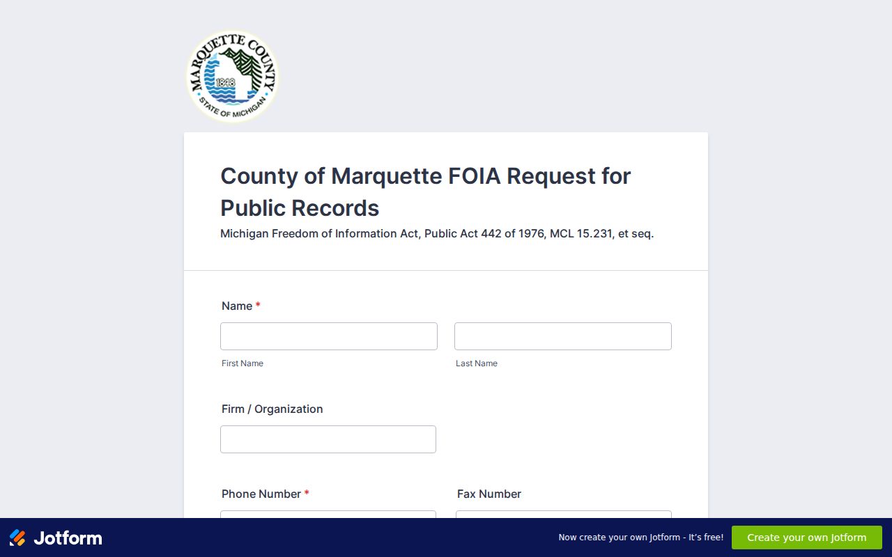 Marquette County criminal records FOIA request form