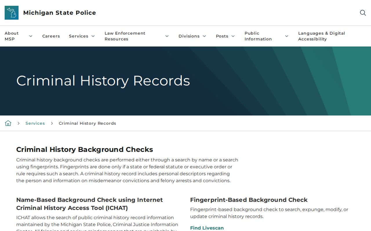 Marquette County criminal history options at the MSP ICHAT gateway
